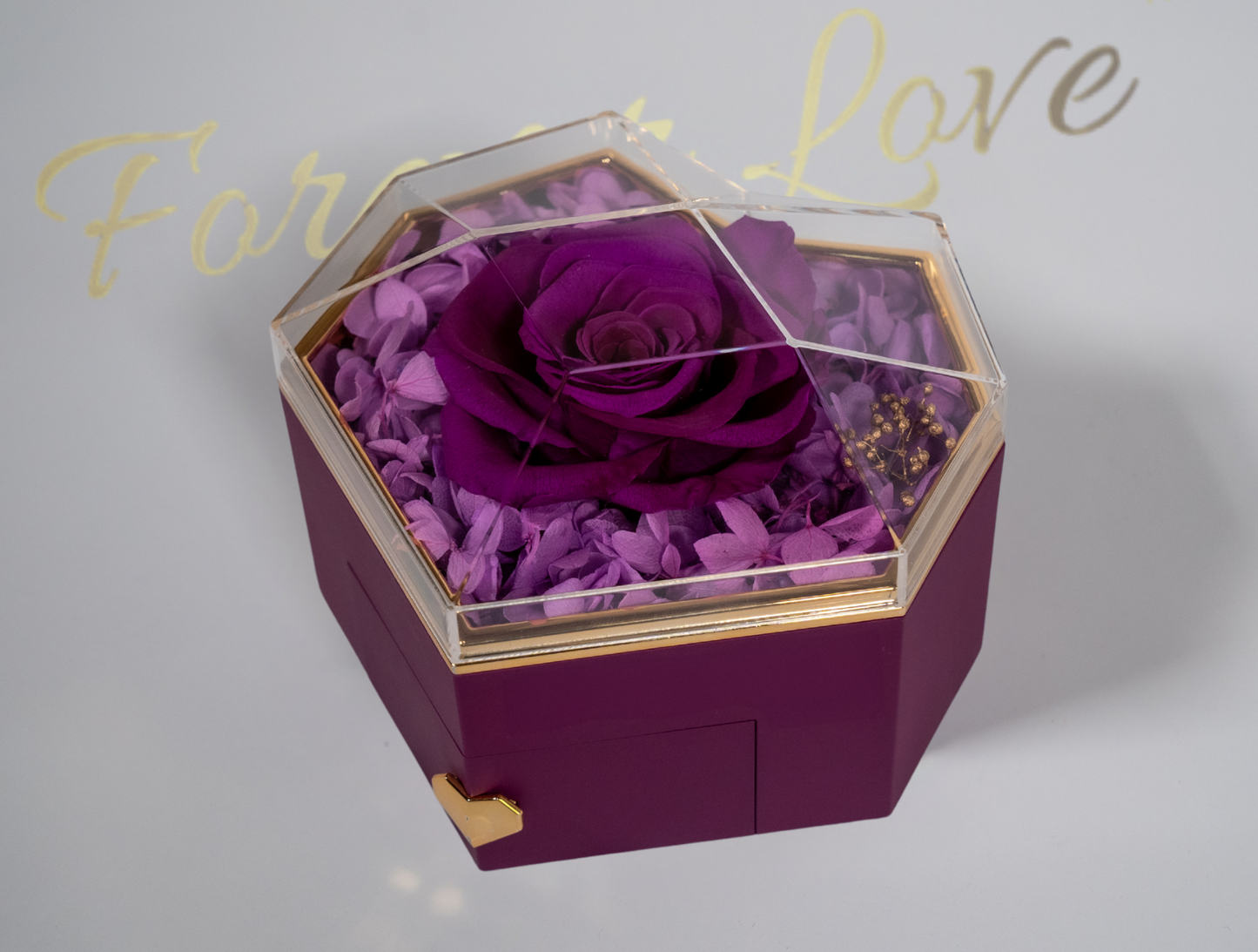 Real Preserved Rose in Heart-Shaped Box - purple