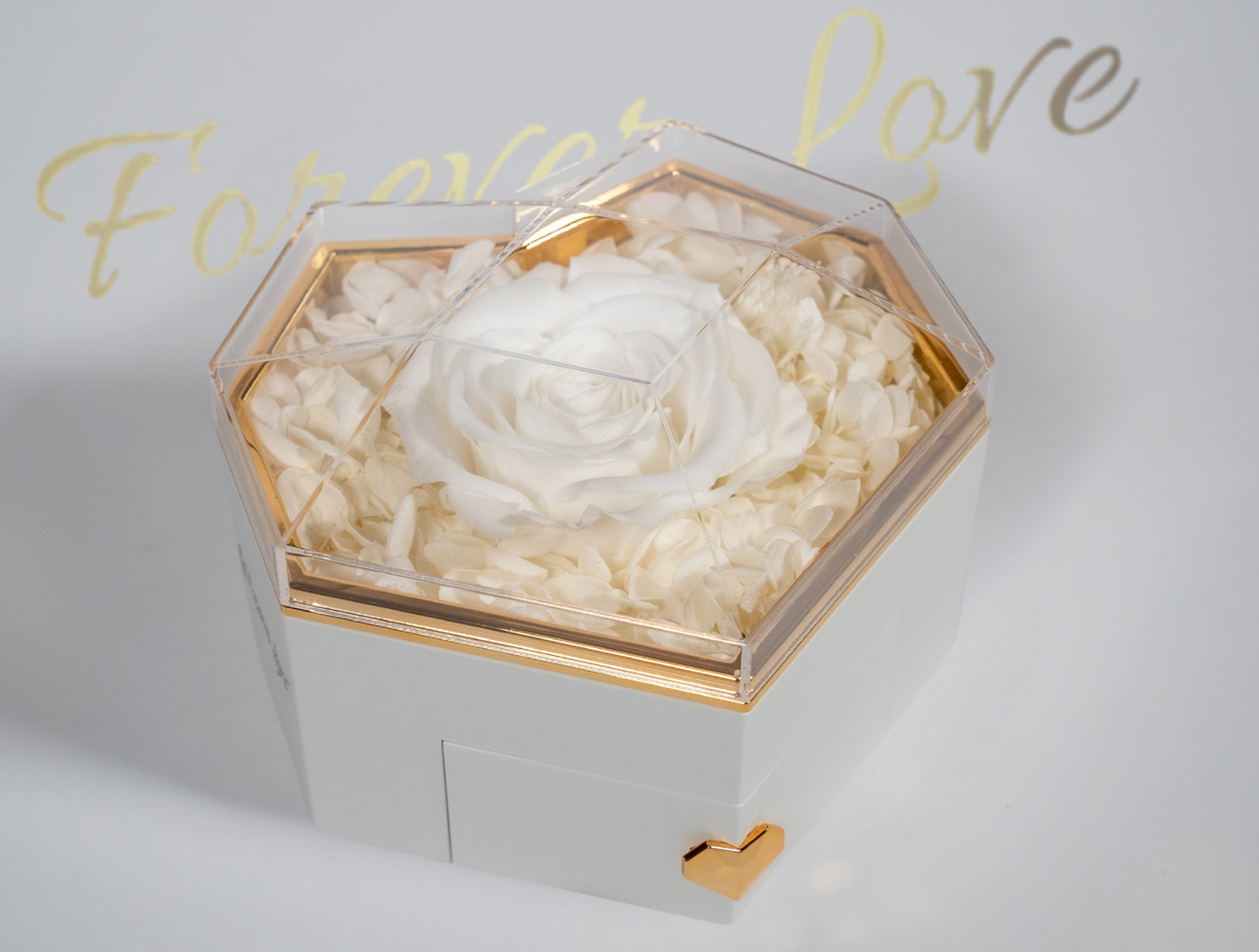 Real Preserved Rose in Heart-Shaped Box - white
