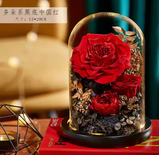 Eternal Flowers Preserved Rose In Glass Dome Cover Artificial Flower with Light Valentine's Day Christmas for Women Gift Box
