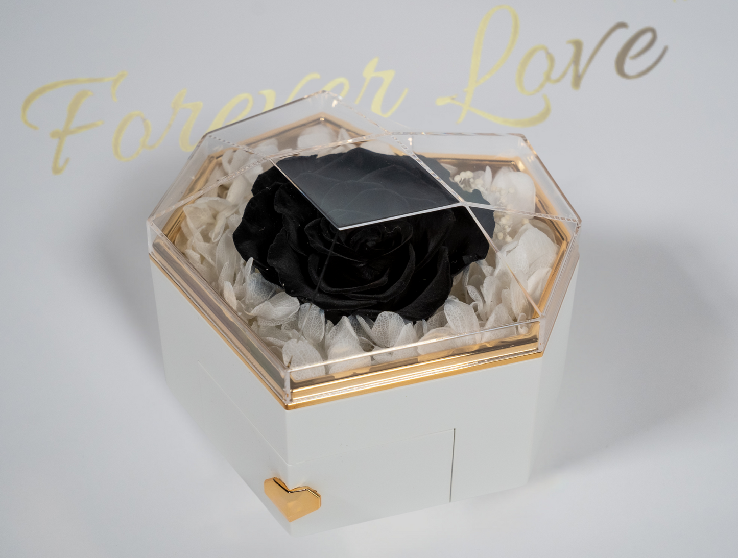Real Preserved Rose in Heart-Shaped Box - White box , black rose