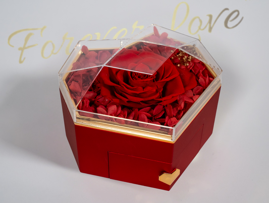 Real Preserved Rose in Heart-Shaped Box - RED